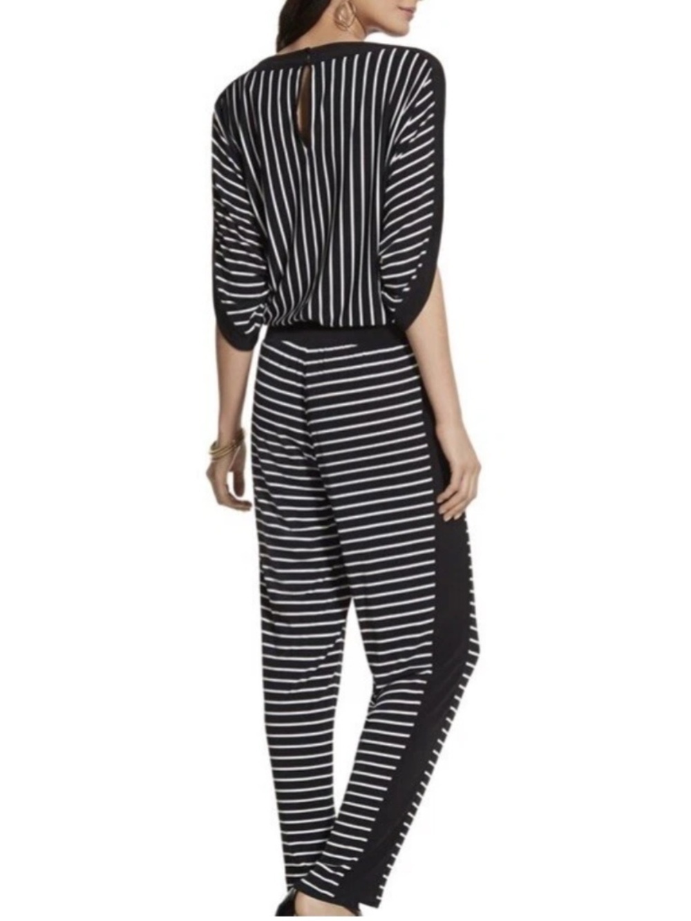 Chicos Jumpsuit Size 3 Striped Black White Stretch Jersey Knit Fabric Size 3